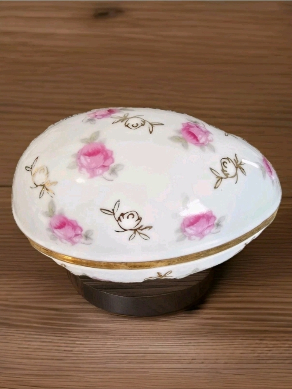 Vintage Norleans Japan Hand Painted White Ceramic Egg Pink Roses Trinket Box